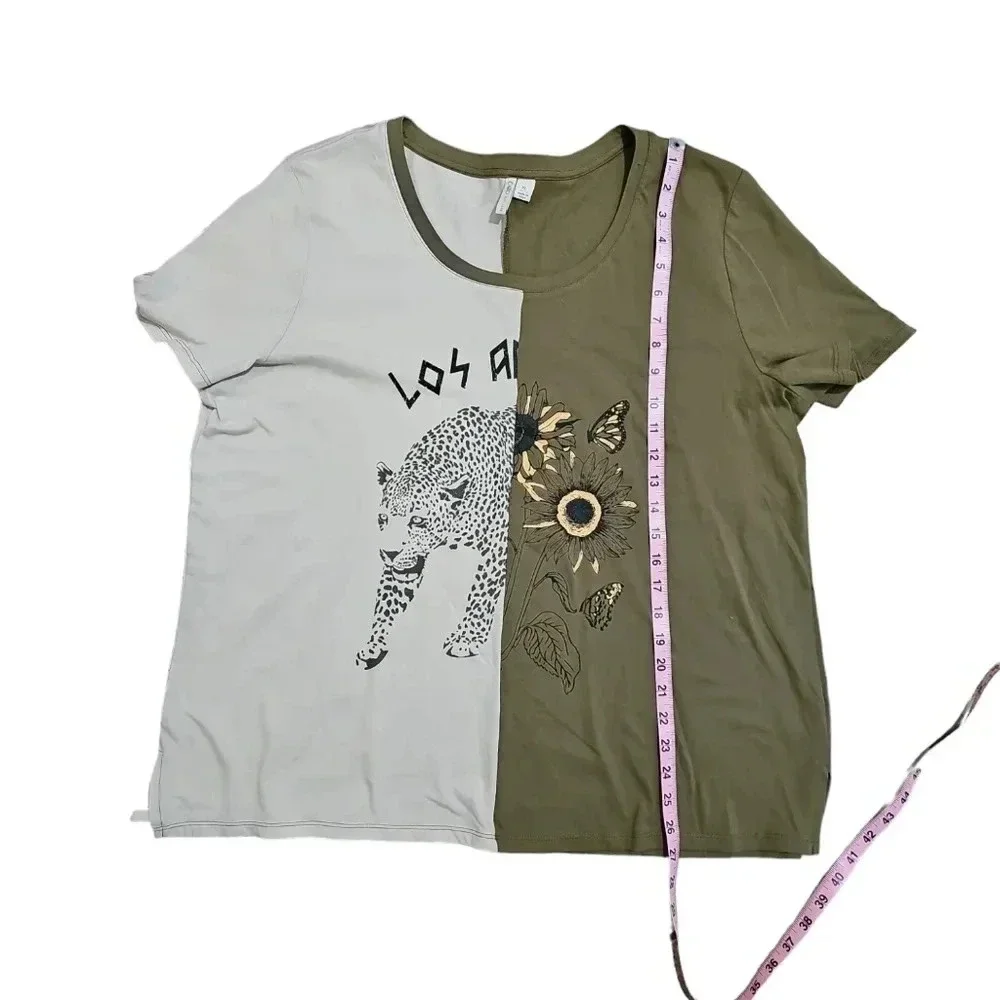 Cato Women’s XL Olive Beige Graphic Tee Leopard Sunflower Boho Y2K Oversized - Picture 8 of 8